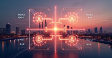 Futurystyczny infografik macierzy AI Integration Matrix nad dubajskim skyline przy zachodzie słońca.
