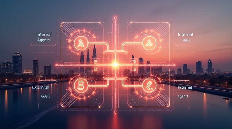 Futurystyczny infografik macierzy AI Integration Matrix nad dubajskim skyline przy zachodzie słońca.