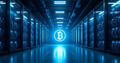 Futurystyczne centrum danych z serwerami AMD, niebieskim oświetleniem i półprzezroczystymi symbolami Bitcoin