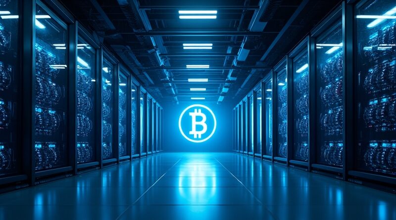 Futurystyczne centrum danych z serwerami AMD, niebieskim oświetleniem i półprzezroczystymi symbolami Bitcoin
