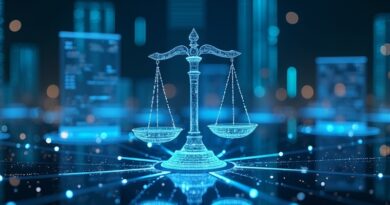 Futurystyczne centrum nadzoru finansowego z holograficznymi ekranami blockchain i świetlna waga sprawiedliwości