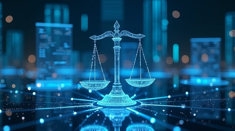 Futurystyczne centrum nadzoru finansowego z holograficznymi ekranami blockchain i świetlna waga sprawiedliwości