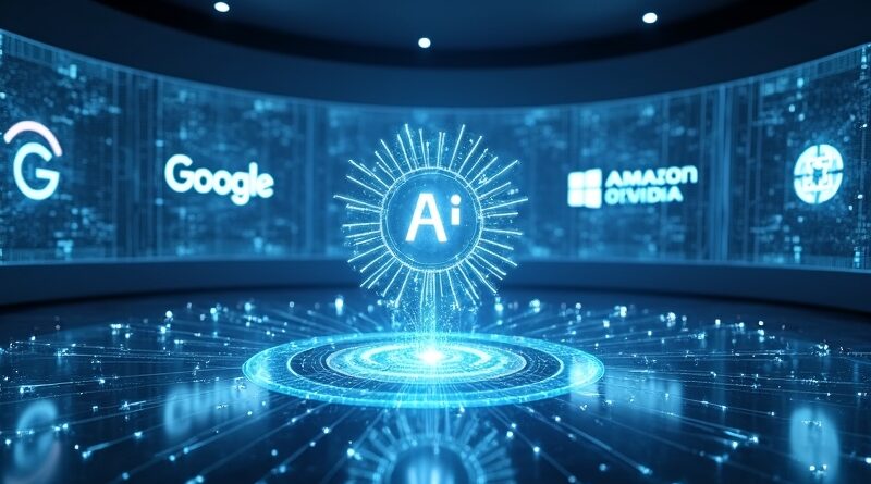 Nowoczesny hub dowodzenia z niebiesko‑srebrnym światłem, hologramami firm, strumieniami danych i świetlna waga równowagi.