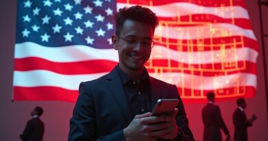 Młody influencer uśmiechnięty, trzyma smartfon przed amerykańską flagą, w tle chiński wzór świetlny.