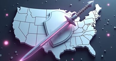 Biały marmurowy tarcza i świetlisty cybernetyczny miecz nad mapą USA, z danymi i światłami serwerów.
