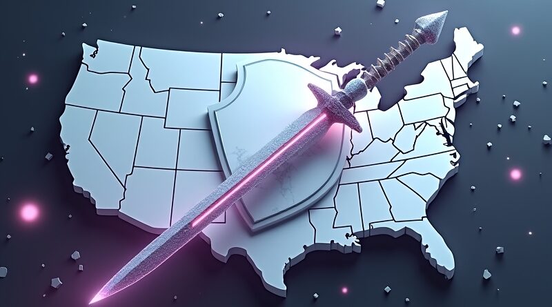 Biały marmurowy tarcza i świetlisty cybernetyczny miecz nad mapą USA, z danymi i światłami serwerów.