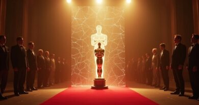 Oscarowa statuetta na czerwonym dywanie, pękająca cyfrowa bariera blokująca postać robota