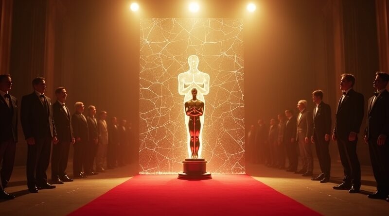 Oscarowa statuetta na czerwonym dywanie, pękająca cyfrowa bariera blokująca postać robota