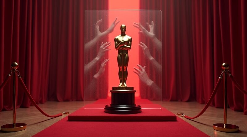 Nocny czerwony dywan, Oscar na cokole, przezroczysta tarcza wstążek rąk blokuje holograficzne AI.