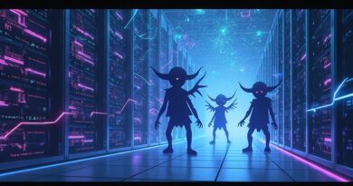 Serwer rack, migające sylwetki goblinów wśród neonowych kodów, subtelne motywy obwodów, etykieta Nerdy.