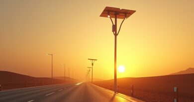Futurystyczna lampa uliczna z cylindrowymi panelami słonecznymi, LED i widocznymi obwodami, podświetlona na afrykańskiej drodze.