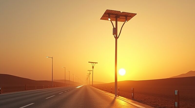 Futurystyczna lampa uliczna z cylindrowymi panelami słonecznymi, LED i widocznymi obwodami, podświetlona na afrykańskiej drodze.