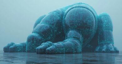 Dużysty półprzezroczysty mechaniczny gigant z pulsującymi neonowymi obwodami, leżący na betonie.