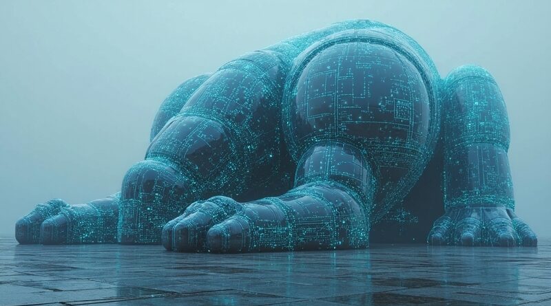 Dużysty półprzezroczysty mechaniczny gigant z pulsującymi neonowymi obwodami, leżący na betonie.