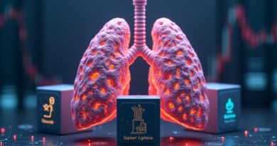 Surrealistyczne płuca AI z rozświetlonymi obwodami, trzema kolumnami z ikonami finansowymi i tłem giełdowym