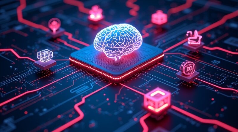 Futurystyczny hub danych z neonowymi strumieniami tokenów API do centralnego mózgu AI, cyberpunk, minimalistyczny wektor