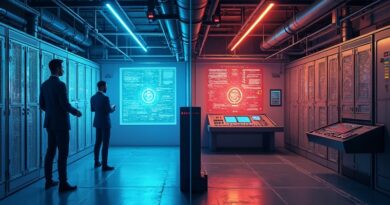 Lewa strona: futurystyczne centrum danych z hologramami Mythos AI, prawa: sala sterowania z zagrożeniami cyfrowymi.