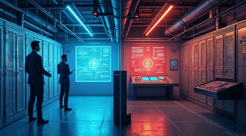 Lewa strona: futurystyczne centrum danych z hologramami Mythos AI, prawa: sala sterowania z zagrożeniami cyfrowymi.