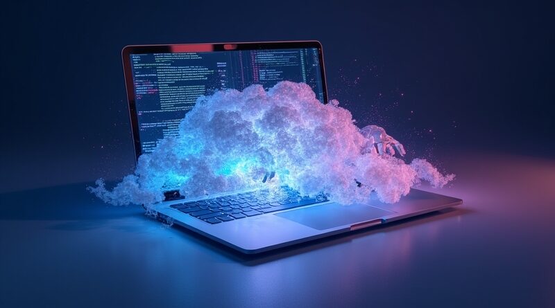 Rozpuszczający się laptop w chmurze danych, ręce kodujące, holograficzny diagram, neon błękit i fiolet