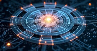 Blueprint AI: pętla transformerów, świecący rdzeń, zębatki, strumienie danych, nakładka obwodu GitHub, ciemne tło technologiczne.