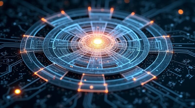Blueprint AI: pętla transformerów, świecący rdzeń, zębatki, strumienie danych, nakładka obwodu GitHub, ciemne tło technologiczne.