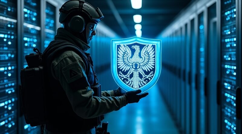 Krzemowa tarcza z orłem, świecące obwody, żołnierz z Edge AI w oświetlonym data center.