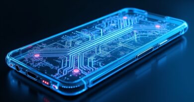 Przezroczysta obudowa smartfonu z neonowobłękitnym obwodem AI podświetlonym wewnątrz