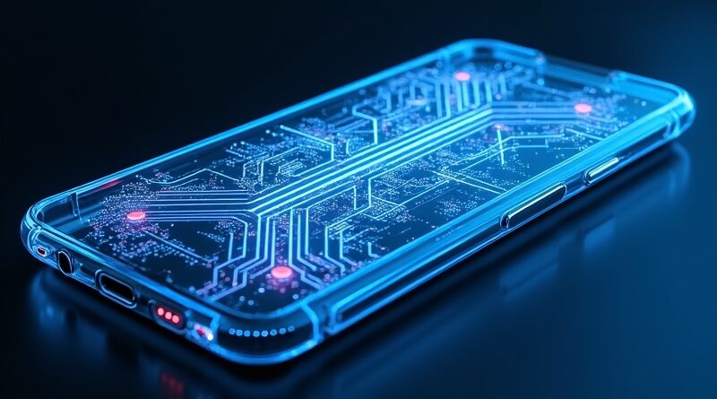 Przezroczysta obudowa smartfonu z neonowobłękitnym obwodem AI podświetlonym wewnątrz