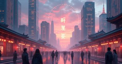 Futurystyczne chińskie miasto nocą z neonowymi wzorami AI i holograficznymi asystentami