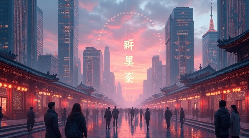 Futurystyczne chińskie miasto nocą z neonowymi wzorami AI i holograficznymi asystentami