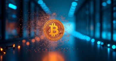 Rozpadający się Bitcoin świecący, przechodzący w nowoczesne centrum danych z niebieskim światłem i logo 'T'
