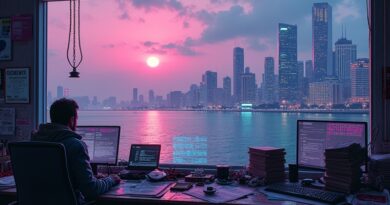 Cyber‑city pod zmierzchem, migocząca fala binarnego kodu, zagracony warsztat z ulotkami spam, pikselowe sylwetki.