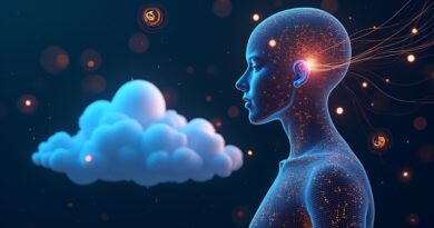 Glowing AI neural network, holographic tokens, blue Google Cloud, golden Solana blockchain, linked by data.