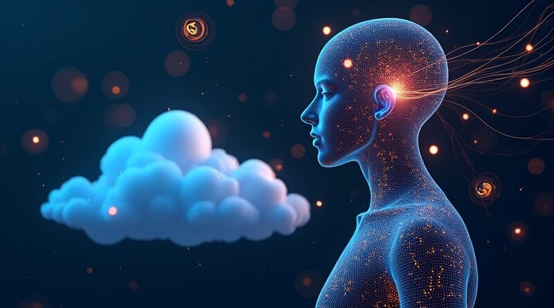 Glowing AI neural network, holographic tokens, blue Google Cloud, golden Solana blockchain, linked by data.