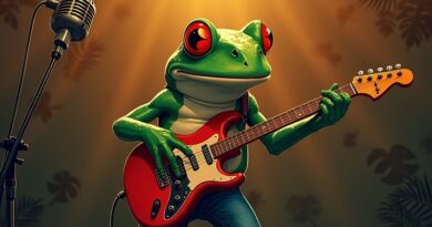 Charismatic frog playing blues guitar on vintage 1950s club stage with tropical foliage backdrop.