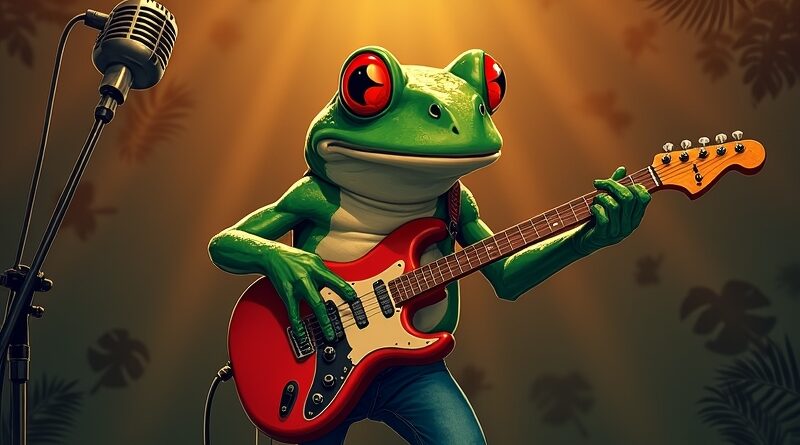 Charismatic frog playing blues guitar on vintage 1950s club stage with tropical foliage backdrop.