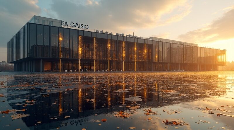 Parlament UE w Brukseli, logotypy Big Techu, pęknięta złota tablica AI Act, poranny blask.