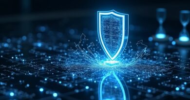 Świecący tarcza cyfrowa przeciw falę ataku cybernetycznego na płycie obwodowej, zegar klepsydra wskazujący 6‑12 miesięcy.