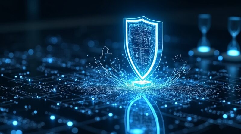 Świecący tarcza cyfrowa przeciw falę ataku cybernetycznego na płycie obwodowej, zegar klepsydra wskazujący 6‑12 miesięcy.