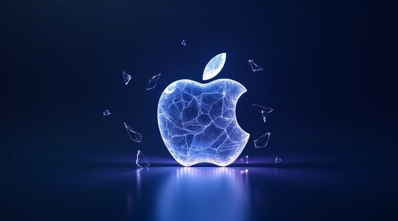 Polerowane logo Apple połączone z prześwitującym obwodem AI, otoczone szkłami symbolizującymi złamane obietnice