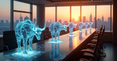 Wall Street jako centrum AI: dziesięć świecących agentów, hologramy, byk, niedźwiedź, wschód słońca, Manhattan.
