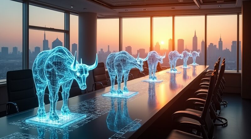 Wall Street jako centrum AI: dziesięć świecących agentów, hologramy, byk, niedźwiedź, wschód słońca, Manhattan.