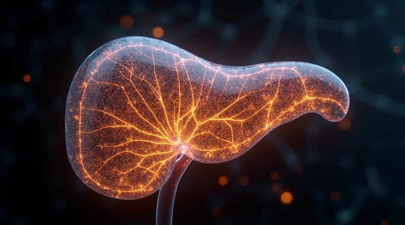Przezroczysta trzustka z złotymi fraktalami biomarkerów i siatką sieci neuronowej AI na tle cieni CT