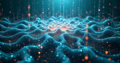 Luminous crystalline lattice filtering binary data streams, holographic symbols, pentagon outline, cyan‑amber light.