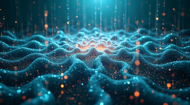 Luminous crystalline lattice filtering binary data streams, holographic symbols, pentagon outline, cyan‑amber light.