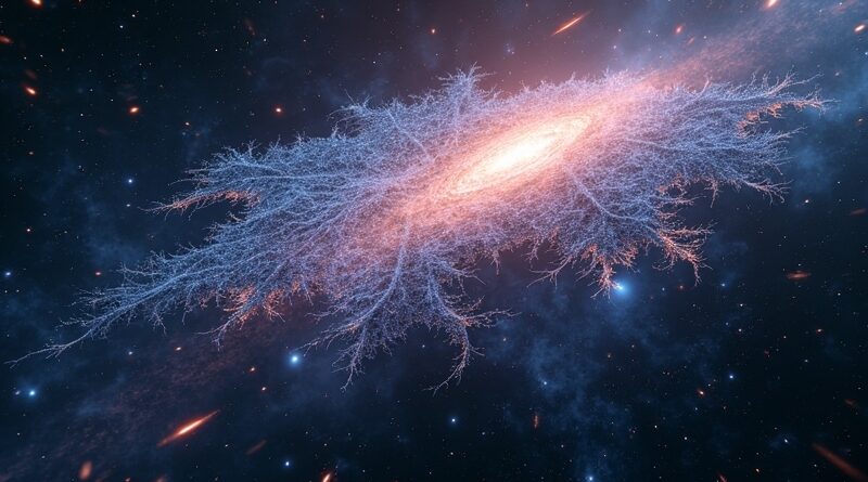 Świecąca sieć AI nad mapą EVE Online, statki, mgławice, dyskretny znak Google, realistyczne oświetlenie