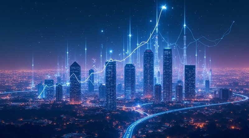 Futurystyczna panorama nocnego miasta z holograficznymi wykresami finansowymi i znakami OpenAI, SpaceX, Anthropic