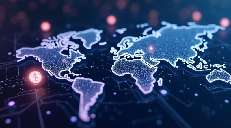 Futurystyczna sieć z luminousznymi pakietami danych, przejrzyste AI‑agenci, symbole stablecoin, neonowe niebiesko‑fioletowe światło.