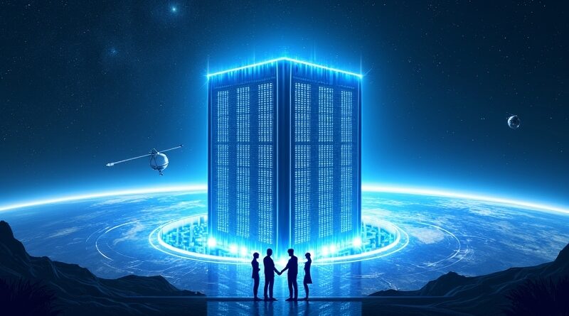 Rozświetlony klaster GPU Colossus otoczony satelitami, Musk i Anthropic uścisk dłoni nad Ziemią.