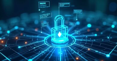Agenci AI handlują tokenami, nad nimi węzły Ethereum, Solana, X Layer, ledger i escrow.